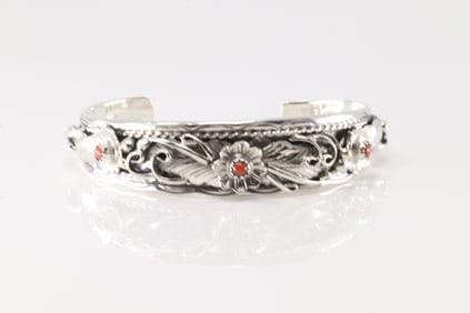 Native America Navajo Sterling Silver Coral Floral Bracelet Cuff By Bessie Joe.