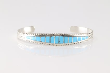 Native America Zuni Sterling Silver Turquoise Inlay Bracelet Cuff By Mirenda Penetsa.