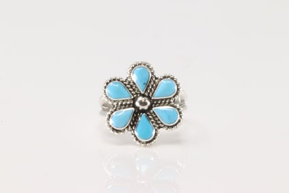 Native America Zuni Sterling Silver Turquoise Ring Flower By C.L.