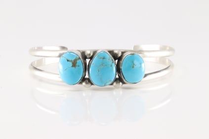 Native America Navajo Sterling Silver Kingman Turquoise Bracelet Cuff By Augustine Largo.