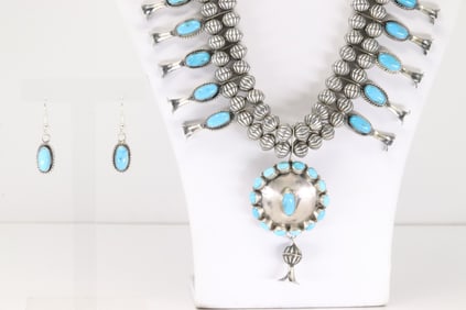 Native America Navajo Sterling Silver Kingman Turquoise Squash Blossom Necklace & Earring's Set By