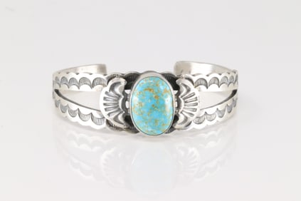 Native America Navajo Sterling Silver Kingman Turquoise Bracelet Cuff By Johnson.