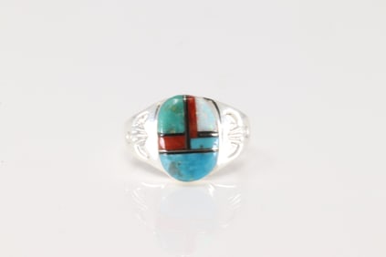 Native America Zuni Sterling Silver Multi-Color Stone Inlay Ring By M.L.