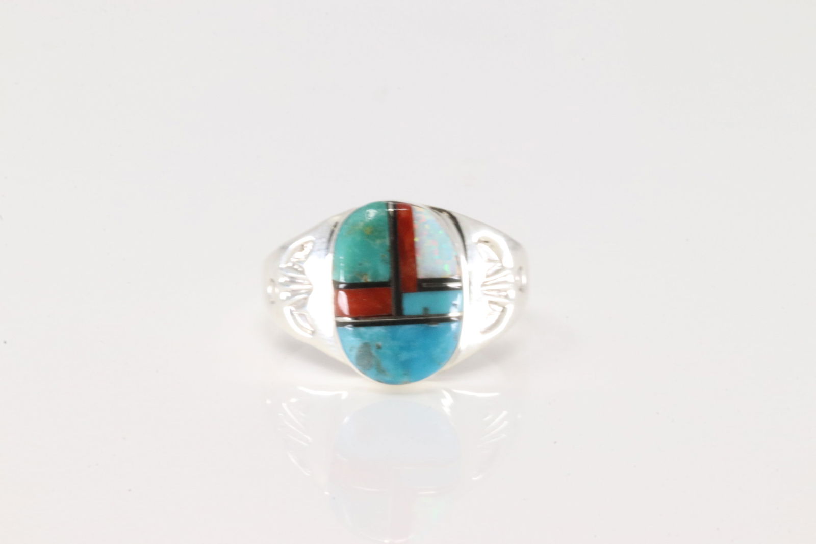 Native America Zuni Sterling Silver Multi-Color Stone Inlay Ring By M.L. (1 of 4)