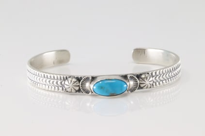 Native America Navajo Sterling Silver Turquoise Bracelet Cuff By M.Spencer.