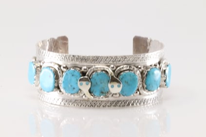 Native America Zuni Sterling Silver Kingman Turquoise Bracelet Cuff By Effie C.