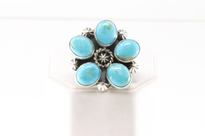 Native America Navajo Sterling Silver Kingman Turquoise Ring By Donova Skeets.