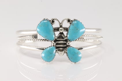 Native America Navajo Sterling Silver Turquoise Butterfly Bracelet Cuff By Gregg Yazzie.