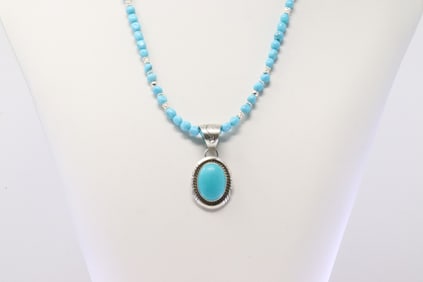 Native America Navajo Sterling Silver Kingman Turquoise Pendant By Alfred Martinez / With Pearl