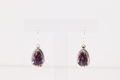 Native America Navajo Sterling Silver Purple Spiny Oyster Dangling Earring's By Sharon McCarthy.