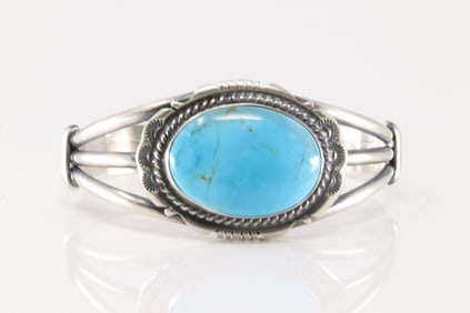 Native America Navajo Sterling Silver Kingman Turquoise Bracelet Cuff By Jimmy Lee.