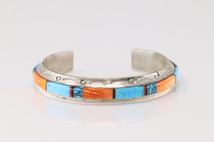 Native America Navajo Sterling Silver Multi-Color Stone Inlay Bracelet Cuff By Douglas.