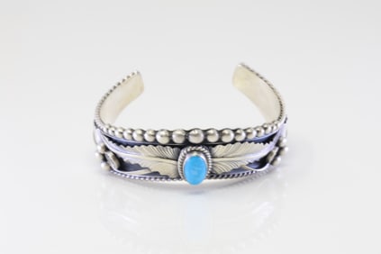 Native America Navajo Sterling Silver Turquoise Bracelet Cuff By R.B.