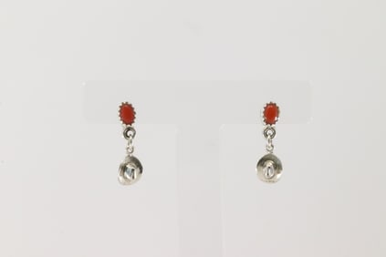 Native America Navajo Sterling Silver Coral Cowboy Hat Post Earring's By Judy Largo.
