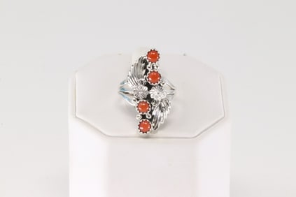 Native America Navajo Sterling Silver Coral Ring By Jerryson Henio.