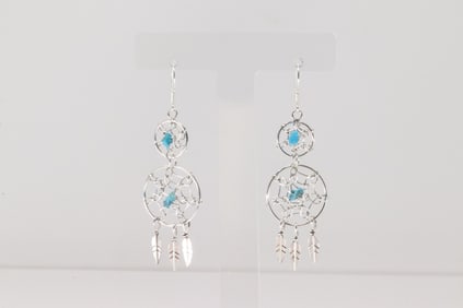 Native America Navajo Sterling Silver Turquiose Dream Catch Dangling Earring's By Lorenzo Arviso.