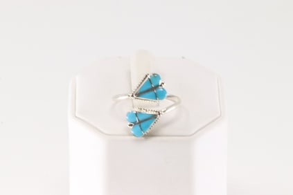 Native America Zuni Sterling Silver Turquoise Inlay Ring By R.V.N.