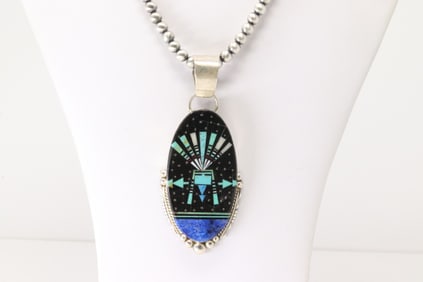 Native America Navajo Sterling Silver Multi-Color Stone Inlay Night Sky Pendant By Ray Jack. With