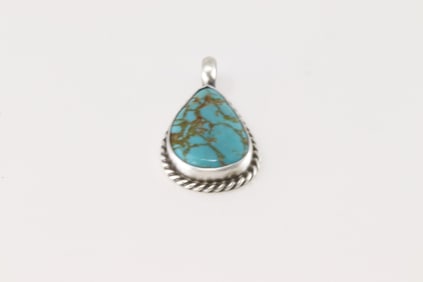 Native America Navajo Sterling Silver Kingman Turquoise Pendant By Johnny Dixon.