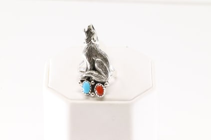 Native America Navajo Sterling Silver Coral & Turquoise Wolf Ring By Jerryson Henio.