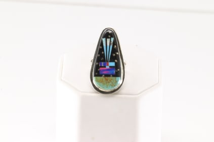 Native America Navajo Sterling Silver Multi-Color Stone Inlay Night Sky Ring By Gilbert Smith.