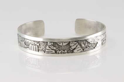 Native American Navajo Sterling Silver Storyteller Bracelet Cuff By B.