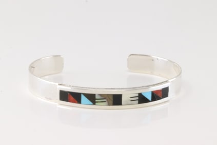 Native America ZuniSterling Silver Multi-Color Stone Inlay Bracelet By Leander Othole.