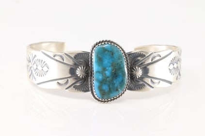 Native American Navajo Sterling Silver Turquoise Bracelet Cuff By Martha Cayatine.