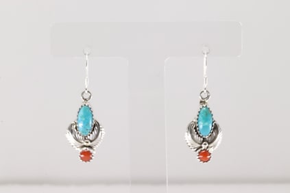 Native America Navajo Sterling Silver Coral & Turquoise Dangling Earring's By Robert Martinez.