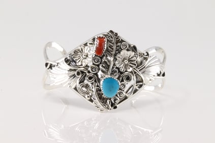 Native America Navajo Sterling Silver Coral & Turquoise Bracelet Cuff By Harry B. Yazzie.