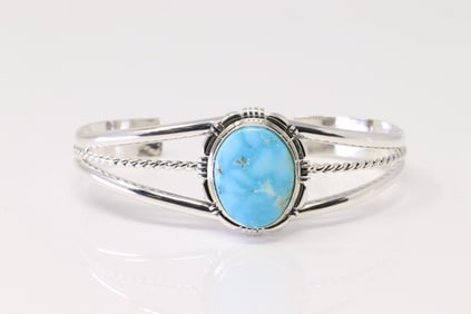 Native American Navajo Sterling Silver Turquoise Bracelet Cuff By N.J.