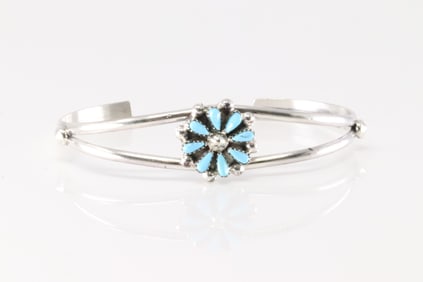 Native American Zuni Sterling Silver Turquoise Bracelet Cuff By David & Sarita Leekity.