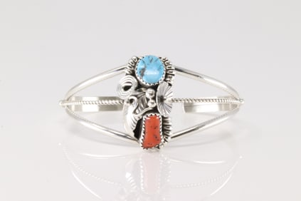 Native America Navajo Sterling Silver Coral & Turquoise Bracelet Cuff By Max Calladitto.