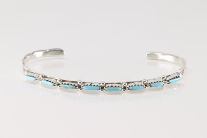 Native AmericaZuni Sterling Silver Turquoise Bracelet Cuff By Murray Hannaweeka.