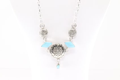 Native America Navajo Sterling Silver Turquoise Necklace By R.B.