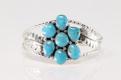 Native America Navajo Sterling Silver Turquoise Bracelet Leaf Cuff By Phyllis Smith.
