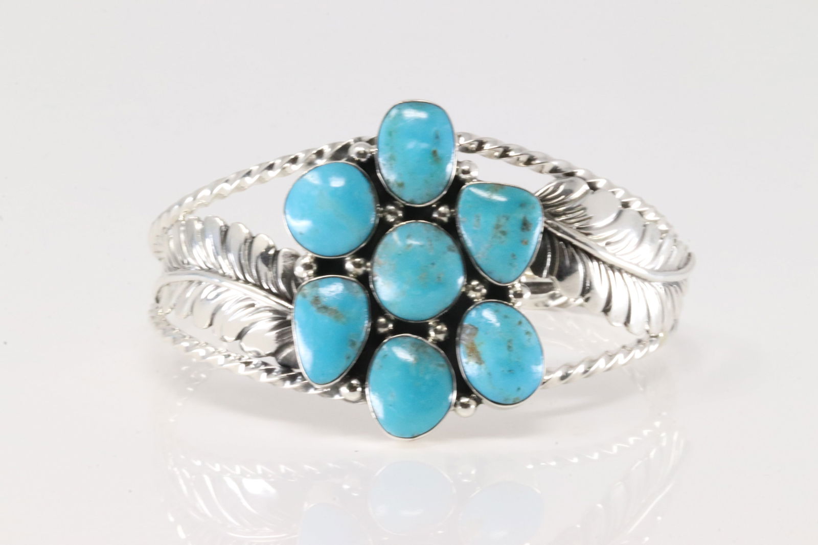 Native America Navajo Sterling Silver Turquoise Bracelet Leaf Cuff By Phyllis Smith. (1 of 4)