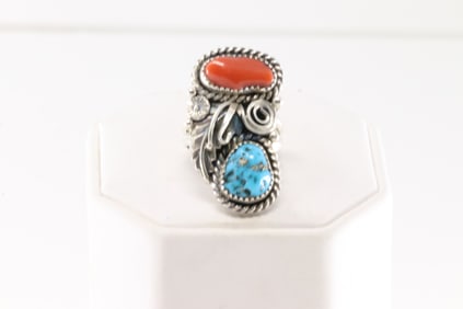 Native America Navajo Sterling Silver Coral & Turquoise Ring By L.Spencer.