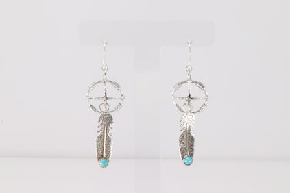 Native America Navajo Sterling Silver Turquoise Post / Dangling Feather Earring's By Sharon