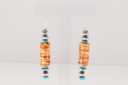 Native America Navajo Sterling Silver Spiny Oyster & Turquoise Dangling Earring's.