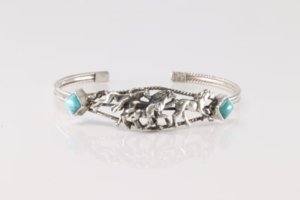 Native America Navajo Sterling Silver Turquoise Horse Bracelet Cuff By Bobby Platero.