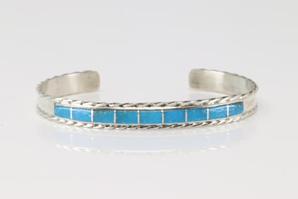 Native America Zuni Sterling Silver Turquoise Inlay Bracelet Cuff By J.P.C.