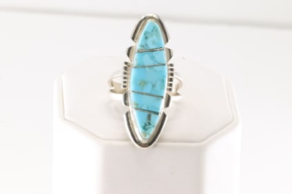 Native America Navajo Sterling Silver Turquoise Inlay Ring By B.E.