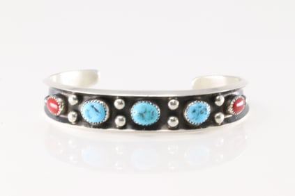 Native America Navajo Sterling Silver Coral & Turquoise Bracelet Cuff By Paul Largo.