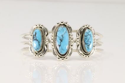 Native America Navajo Sterling Silver Turquoise Bracelet Cuff By Irvin Tsosie.