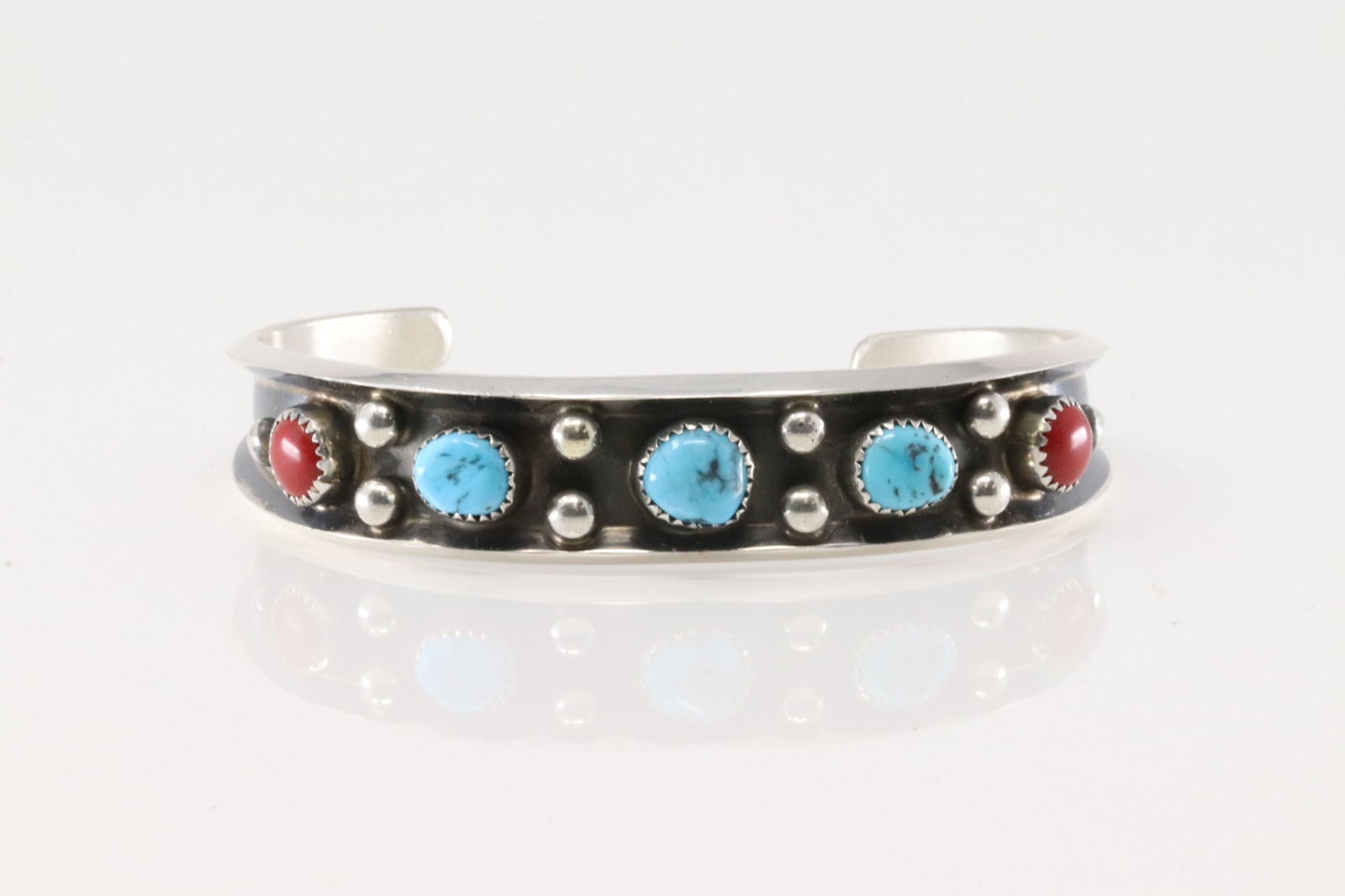 Native America Navajo Sterling Silver Coral & Turquoise Bracelet Cuff By Paul Largo.: This is a Native America Navajo Sterling Silver Coral & Turquoise Bracelet Cuff By Paul Largo.