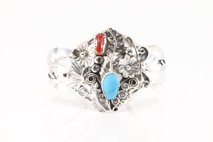 Native America Navajo Sterling Silver Coral & Turquoise Bracelet Cuff By Harry B.Yazzie.