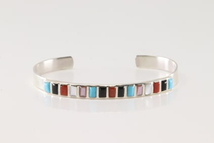 Native America Navajo Sterling Silver Multi-Color Stone Bracelet Cuff.