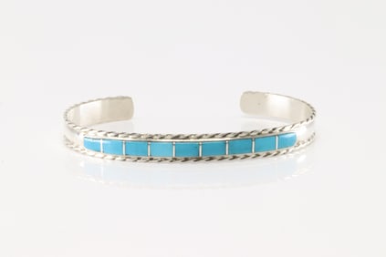 Native America Zuni Sterling Silver Turquoise Inlay Bracelet Cuff By J.P.C.