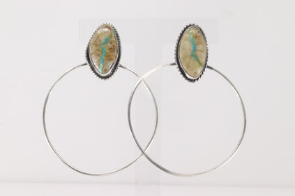 Native America Navajo Sterling Silver Royston Ribbon Hoop Post Earring's By Elouise Kee.
